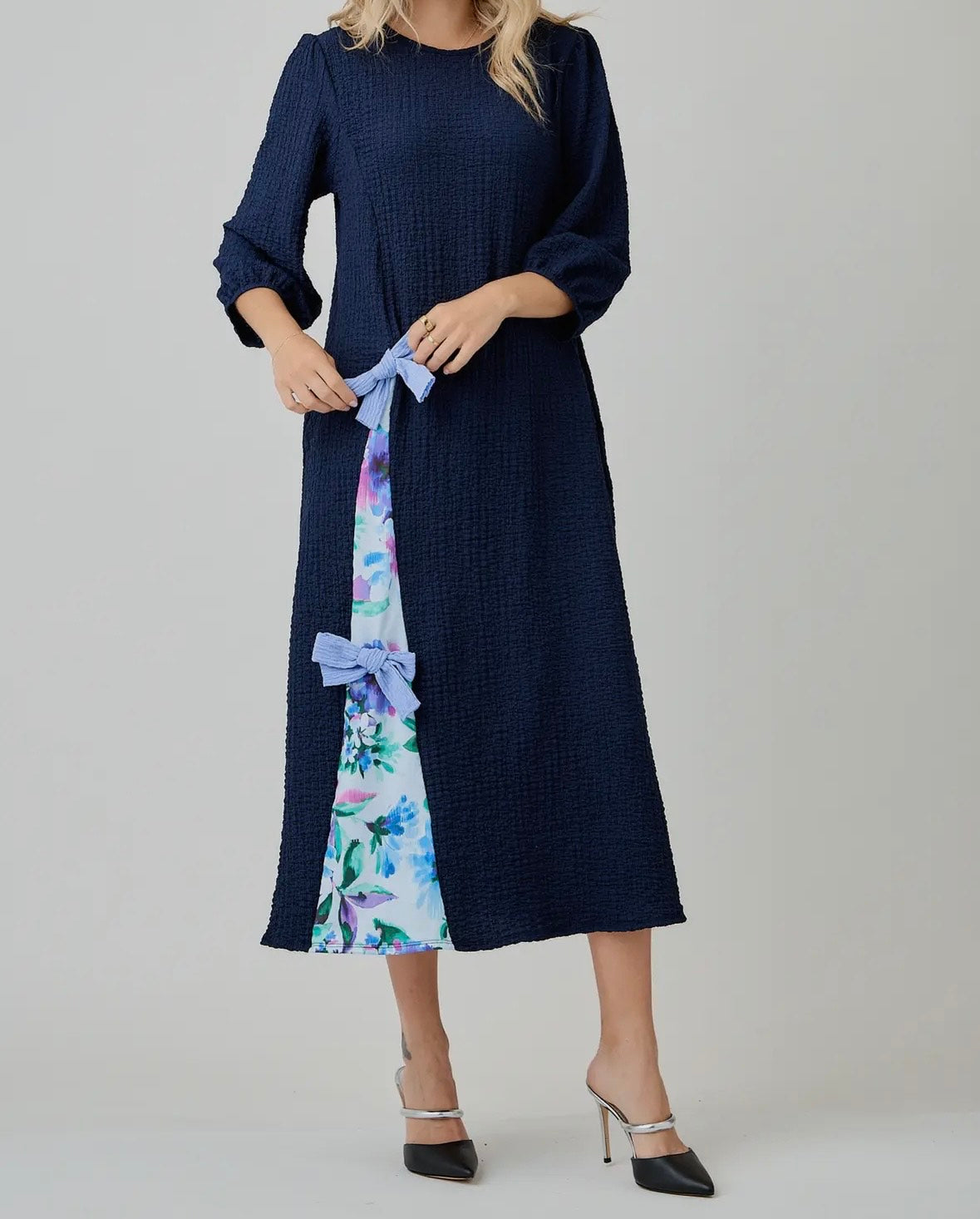 *SALE* Women's Modest Side Bow Dress with Puff Sleeves and Pockets