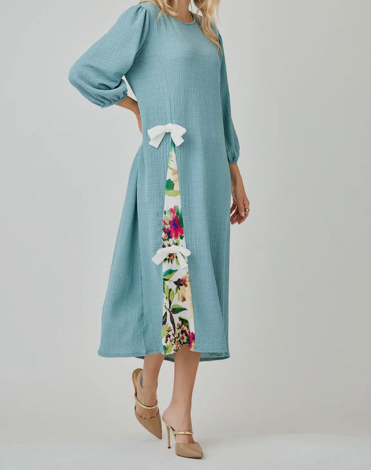 *SALE*                                               Women's Modest Side Bow Dress with Puff Sleeves and Pockets